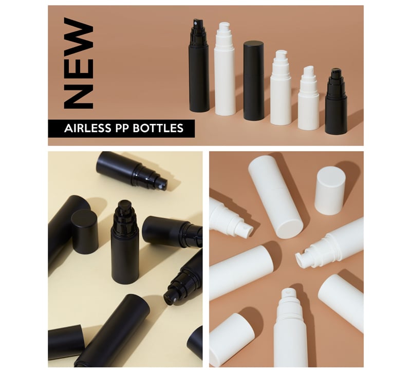 Matte PP Airless Serum and Spray Bottles with Cap in Black and White