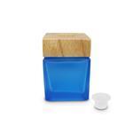Blue 50ml Square Reed Diffuser Bottle with Square Wood Collar Cap and Plug