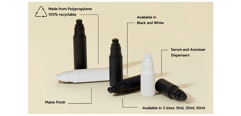 Matte PP Airless Serum and Spray Bottles with Cap in Black and White